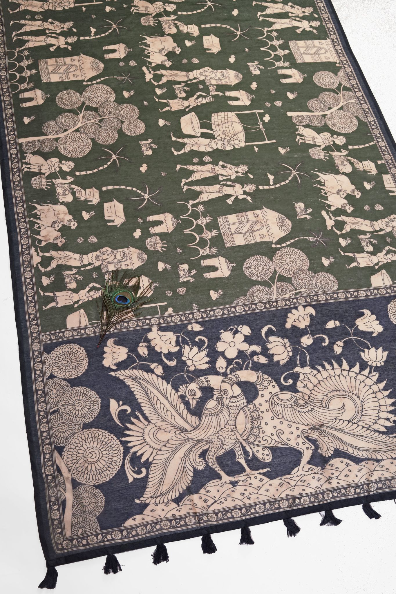 Mehendi & Navy Blue Two-Tone Saree