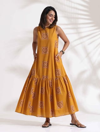 trueBrowns Mustard Cotton Print Tier Dress - Yellow (L)