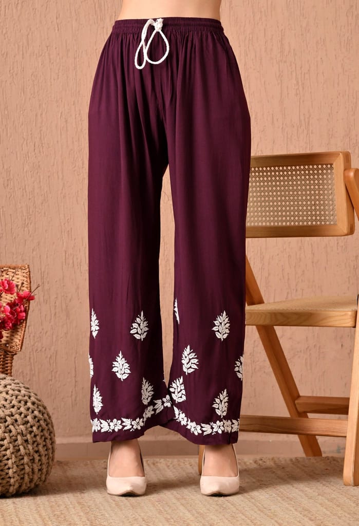 Hand Embroidered Chikankari Plazo Set 3d Work- Wine