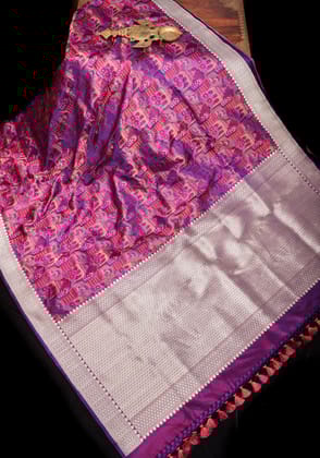 Statement Tanchoi Satin Silk Saree in Purple with Tehra Zari Meena and unique body design | SILK MARK CERTIFIED