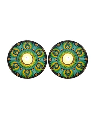 Emerald Peacock Mandala Art Tealight Candle Holders, 6 Inch x 6 Inch