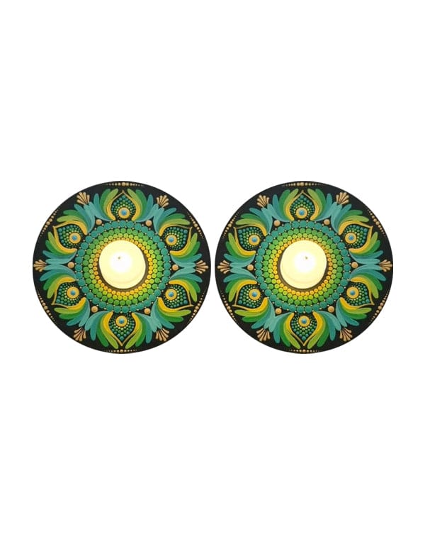 Emerald Peacock Mandala Art Tealight Candle Holders, 6 Inch x 6 Inch