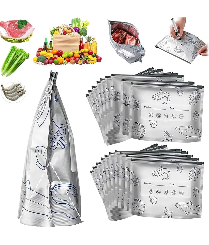 10 PCS Reusable Aluminum Food Storage Bag, Stand Up Foil Sealable Bags with Zip Lock,Leakproof Aluminium Foil Fresh keeping Bag for Vegetable Fruit Meat
