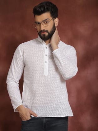 Men's Ethnic Motifs Chikankari Embroidered Pure Cotton White Short Kurta-38