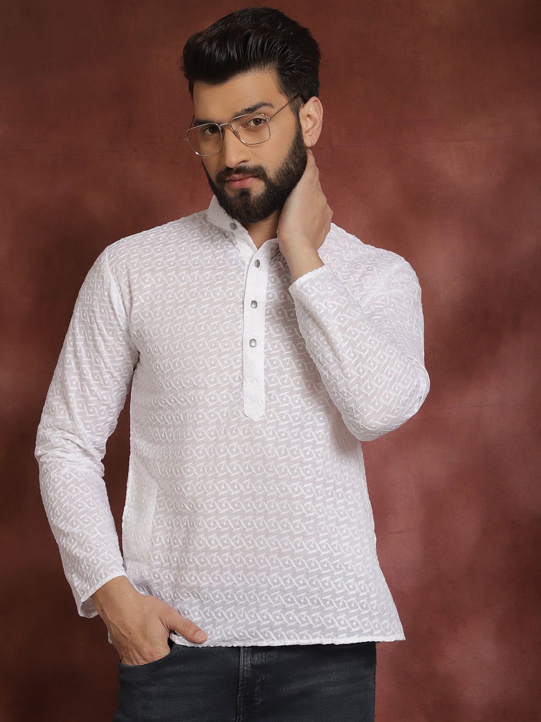 Men's Ethnic Motifs Chikankari Embroidered Pure Cotton White Short Kurta-38