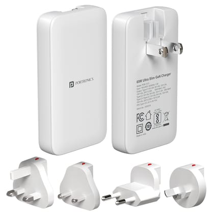 Portronics Adapto 65U, 65W Max Output, Dual Type C PD Port, 4 Swappable Heads, Compatible With Laptops, Smartphones - White