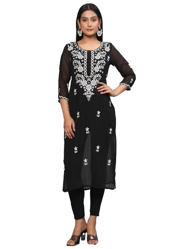 Women's Casual 3/4th Sleeve Embroidered Georgette Kurti (Black, S)-PID46913