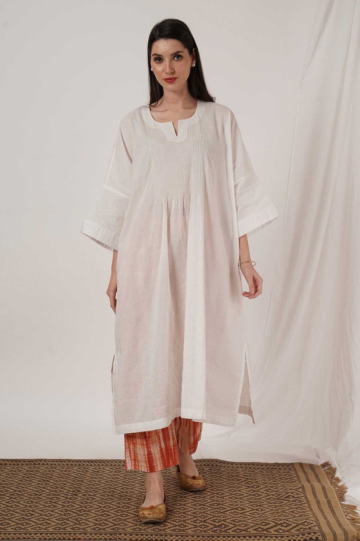Peach Tie Dye Pant White Kaftan Kurta Set Of 2-XL