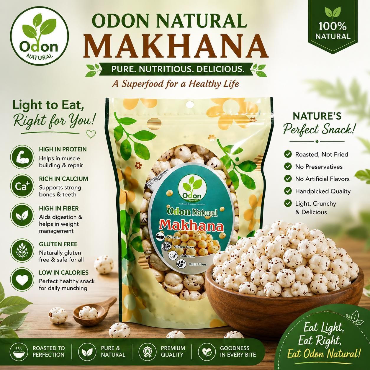 ODON NATURAL Makhana 80g | Fit for Fasting, Dry Fruits in Fresh, Raw Foxnut, Premium Lotus Seeds, Rich in Calcium, Natural & Crunchy, Direct from Farm, Pesticide Free