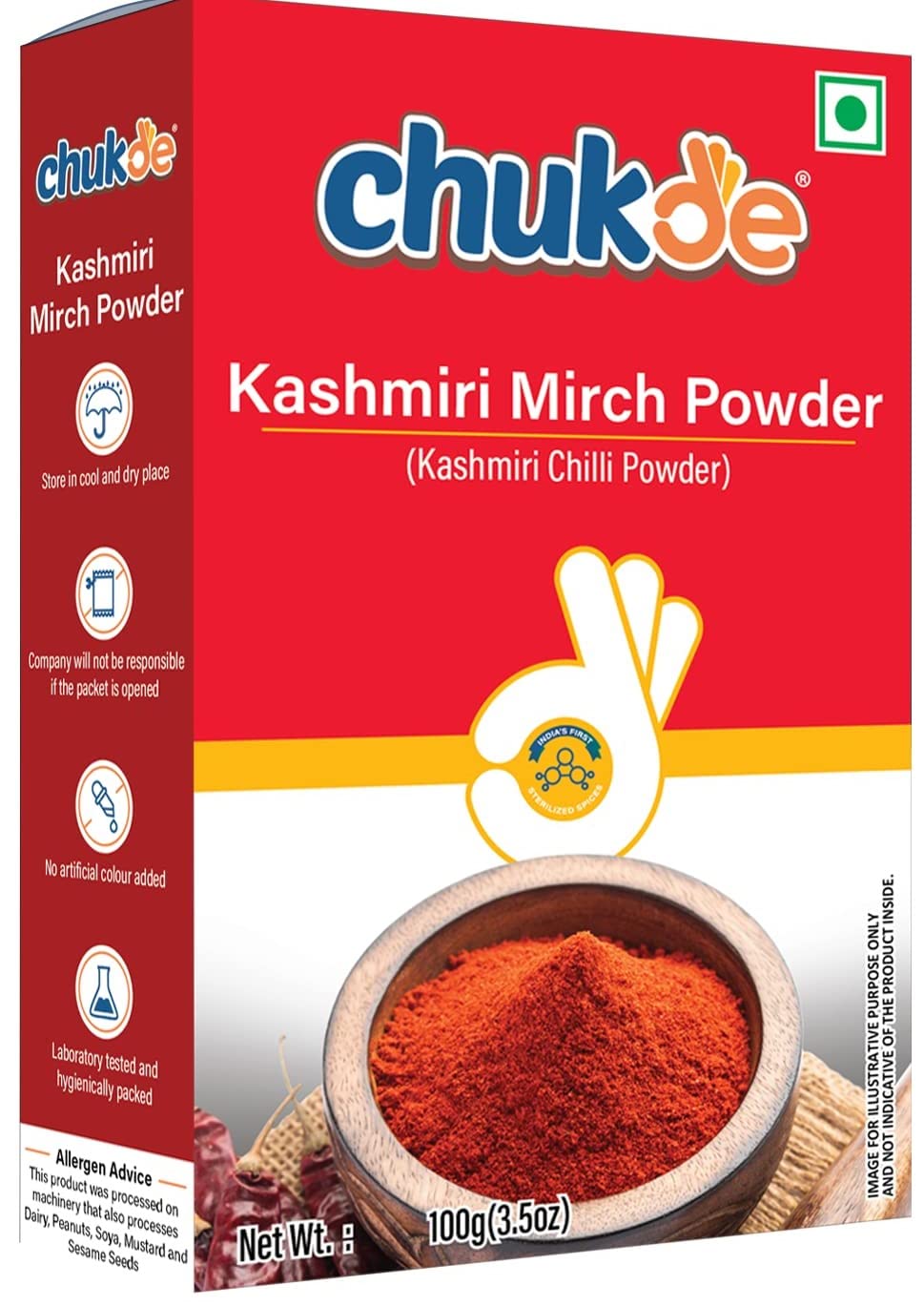 Chukde Kashmiri Mirch/chilli Powder - 100 Gm for Curry, Tandoori Dishes, Snacks, Rice, Pickles and Chutneys. No Artificial Color Added. Lab Tested and Hygienically Packed