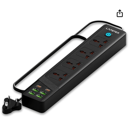 Lapster Xtension MAX with 4 USB Port + 2 ports Type-C PD + 4 Power Sockets Extension Board , 2500W Power Converter, Cord Length 2Mtr (Black)