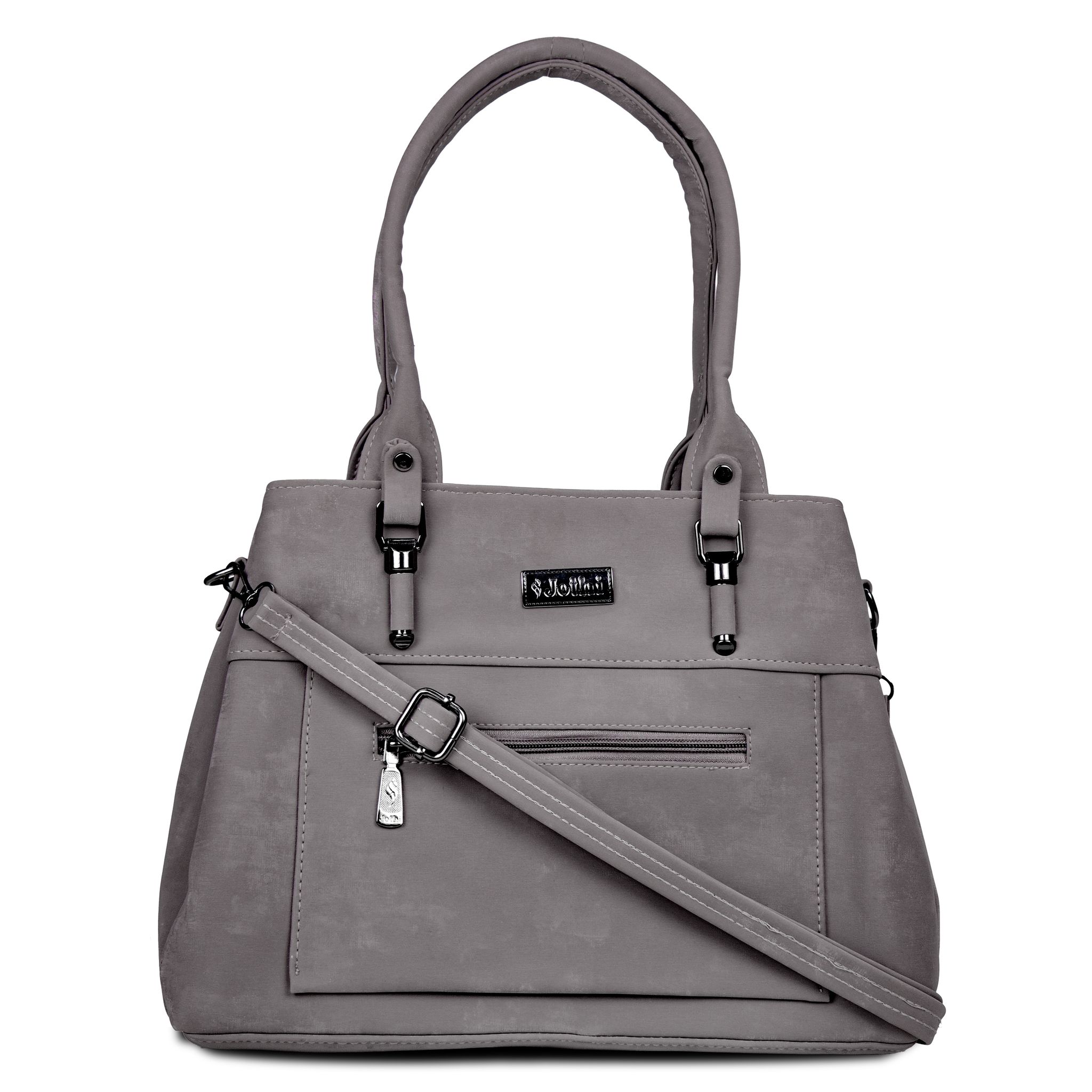 Jothi Roselle Premium Womens Handbag | Brushed Velvet & Synthetic Leather Tote | 3-Compartment Organizer | Adjustable & Detachable Sling Strap | Soft Base | Grey