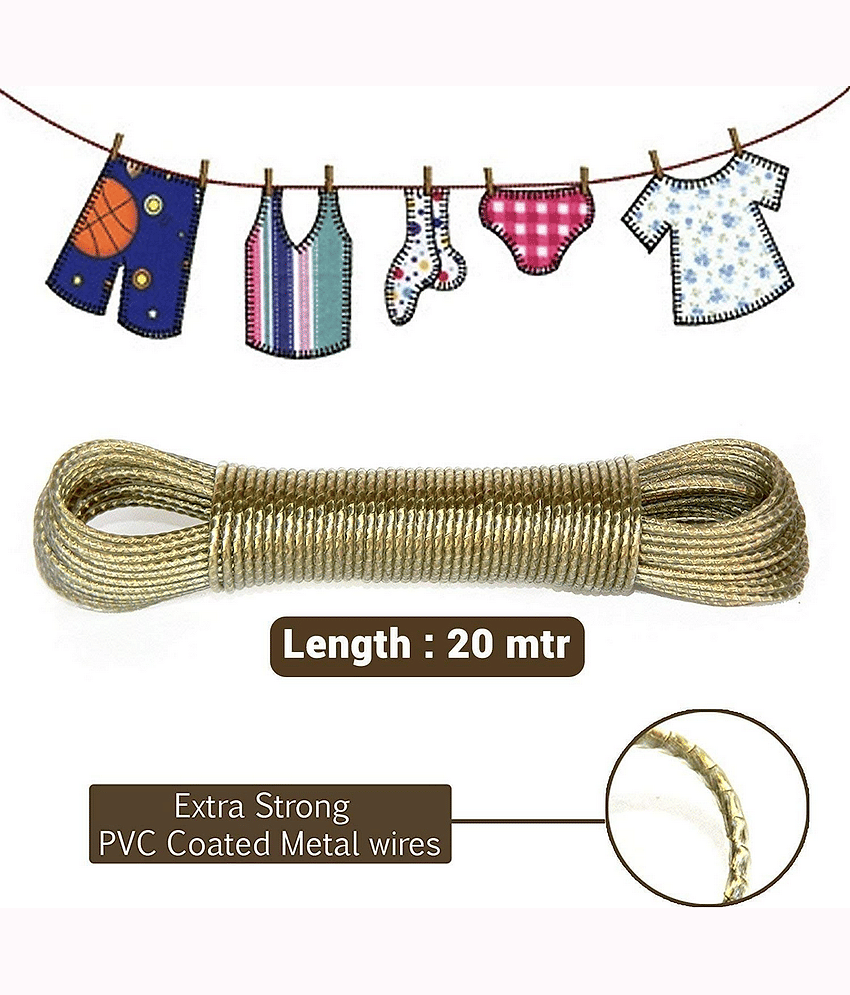 20 Meter PVC Coated Steel Anti-Rust Wire Rope Washing Line Clothesline with 2 Plastic Hooks (Multicolour)