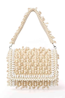 Beige Suede Pearl & Bead Work Flap Bag