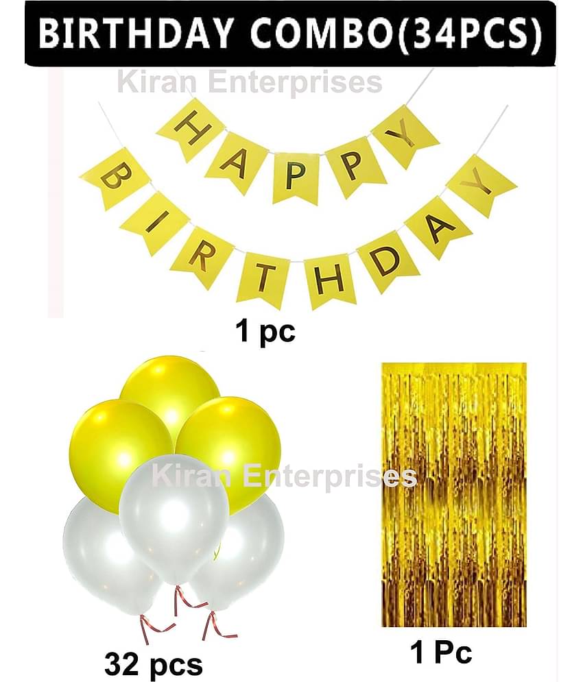 Kiran Enterprises Happy Birthday Banner ( Pink ) + 1 Fringe Curtain ( Gold ) + 32 Metallic Balloon ( Pink, Gold )    )
