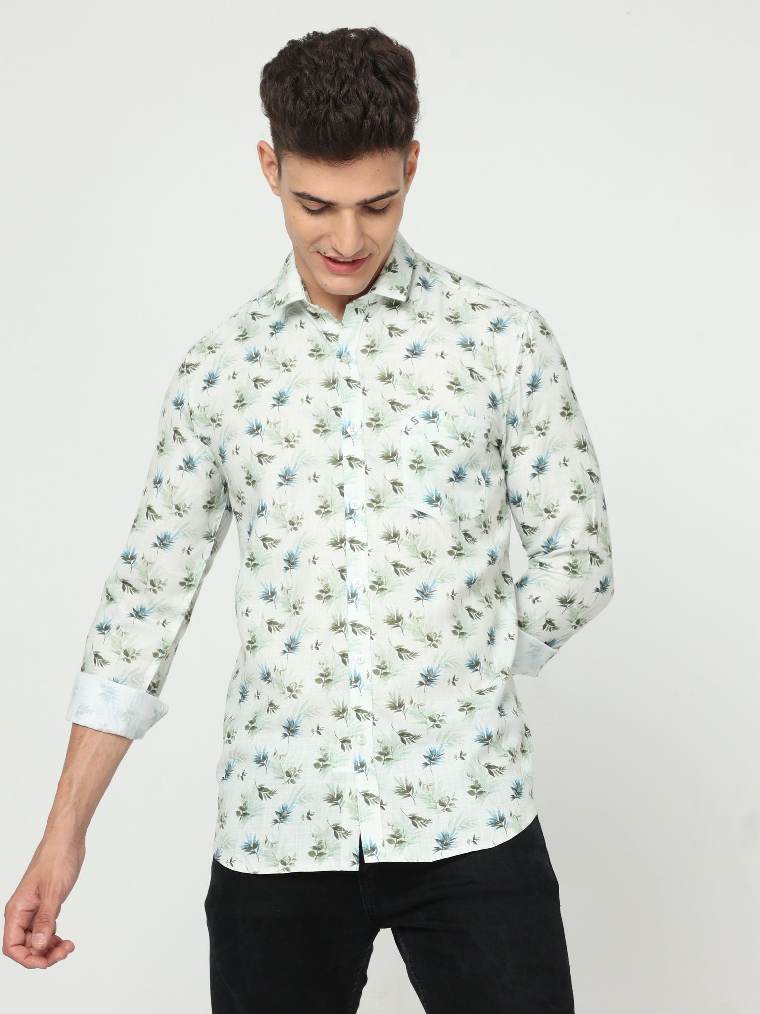 Classic Polo Men's Cotton Full Sleeve Printed Slim Fit Polo Neck Green Color Woven Shirt | So1-28 A