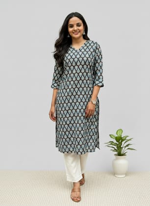 Rivaaj Ethnic Gayatri Straight Kurta (Size M) | Black Pure Cotton with V-Neck Design | Elegant Daily Wear | 3/4 Sleeves