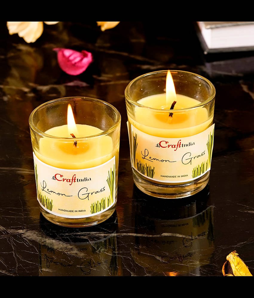 eCraftIndia Set of 2 Yellow Lemon Grass Scented Glass Candles
