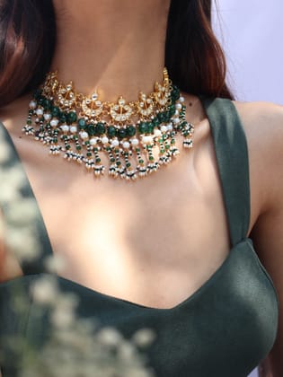 Juna Green Kundan Choker Necklace-Green