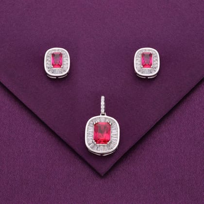 Sterling Rectangular Pendant & Earring Set-Pink Stone / Silver