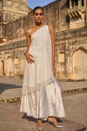 PEARL EMBROIDERED ONE SHOULDER TOP & IVORY CULOTTE-XXL / XXS