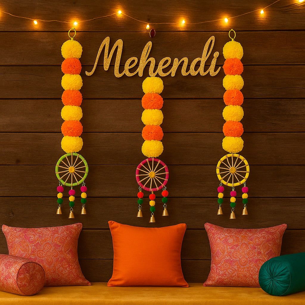 Yellow Orange Marigold Garland Backdrop Decorations with Pom Pom Hangings- Set of 3 - Flowers | Buy online on ZillyBuy