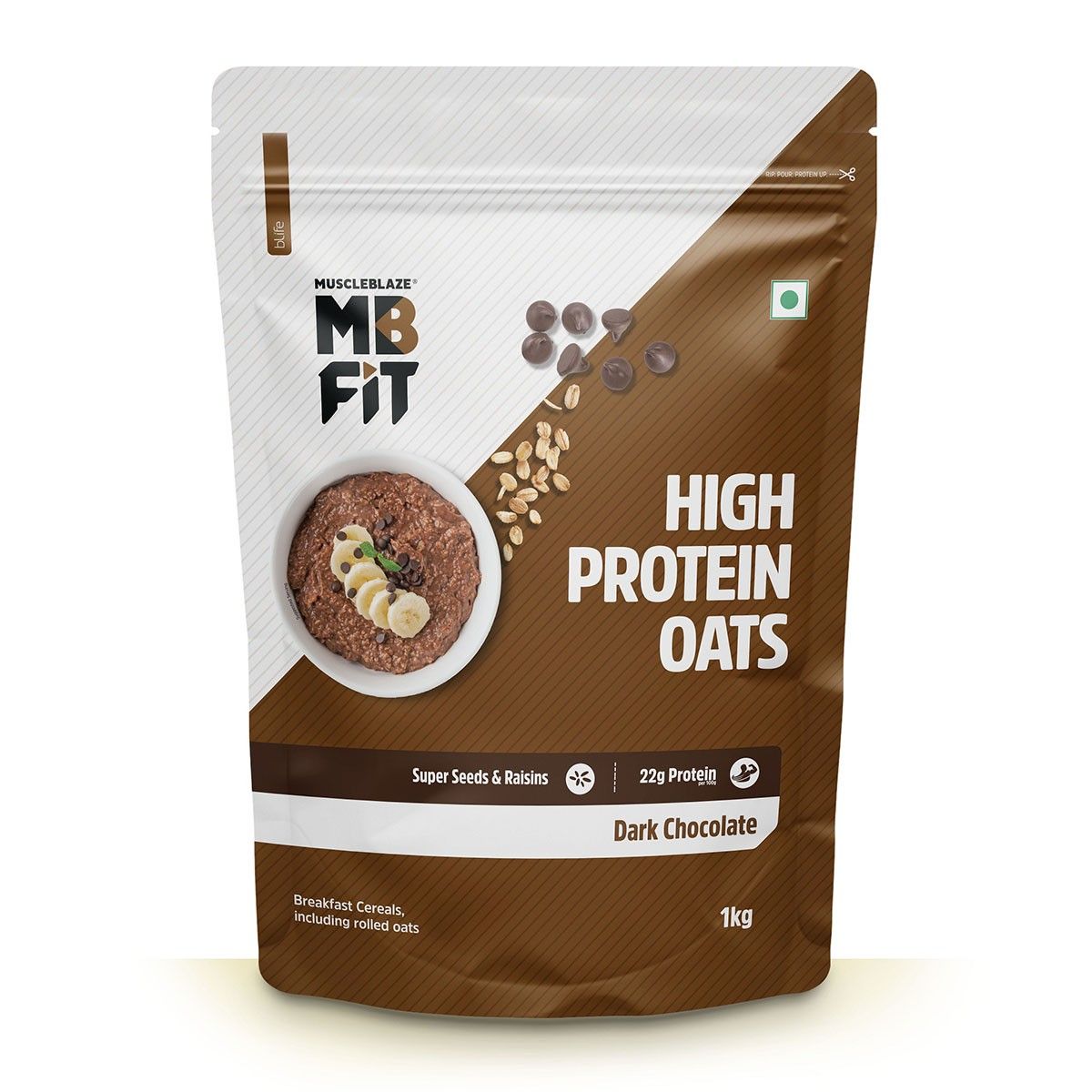 MuscleBlaze Fit High Protein Oats (Dark Chocolate, 1kg) 22g Protein, Breakfast Cereals for Weight Management