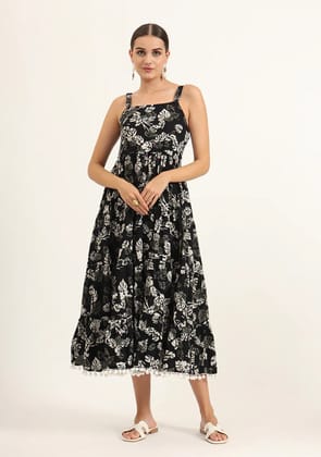 Black Floral Print Pure Cotton Fit & Flare Dress-XS