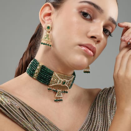 Masakali Emerald Jadau Choker Set-JADAU BEADS / EMERALD