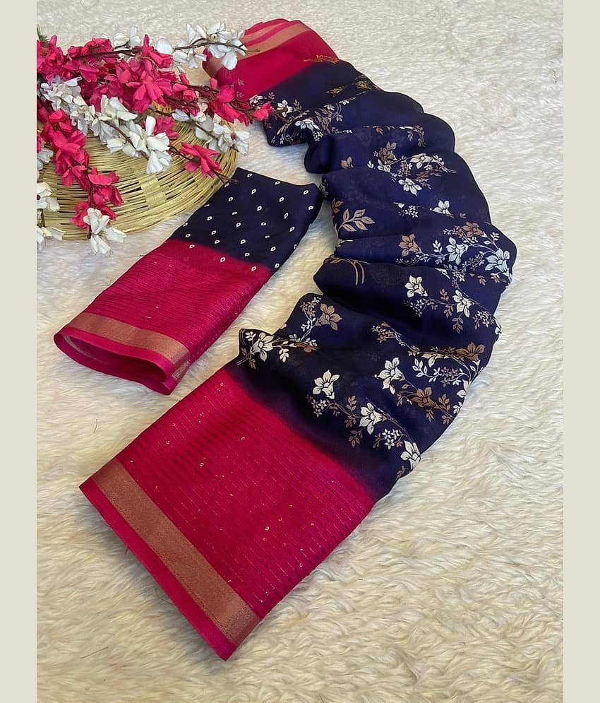 Bhuwal Fashion Art Silk Printed Maheshwari Saree With Unstitched Blouse Piece ( Blue )