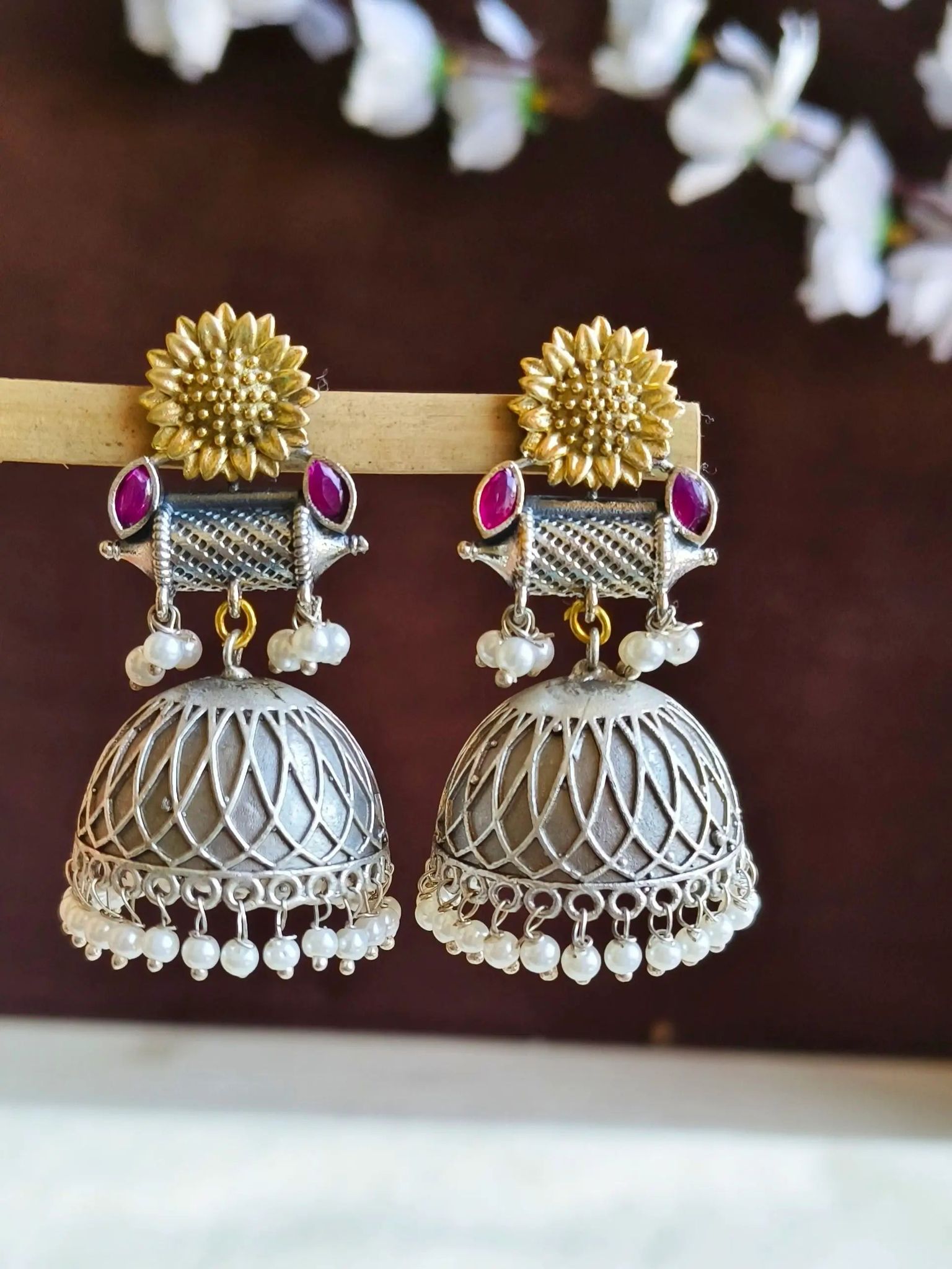 Traditional Dual-Tone Antique Jhumka Earrings | Sarichka
