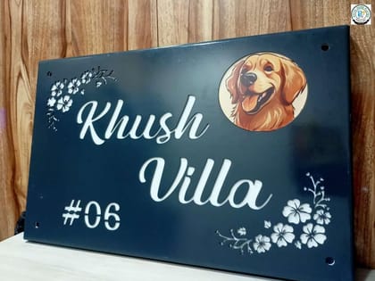 Powder-Coated Metal House Name Plate with Dog & Floral Design