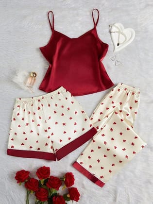 Heart Print Satin Elegant Pajama Set-Lower & Shorts With Top / S