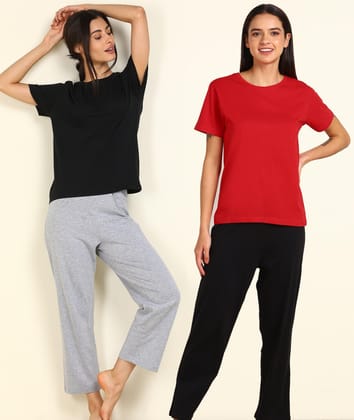 Women T-shirt & Pyjama Set Pure Soft Cotton - Combo Set-S / Black & Grey Red & Black
