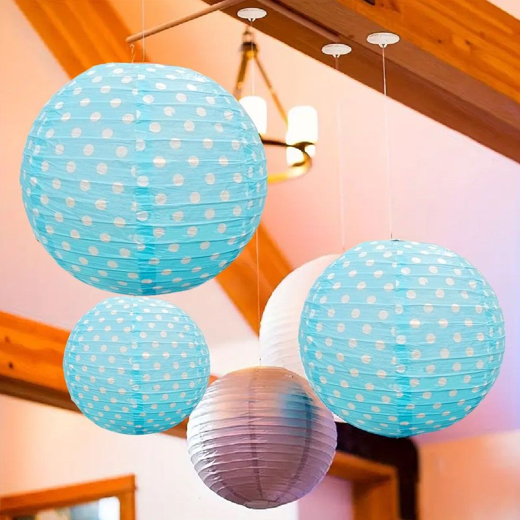 Paper Lantern Aqua Blue Color w/Polka Dot for Hanging Decor - 14 inches - 1PC - Party and Festive Needs | Buy online on ZillyBuy