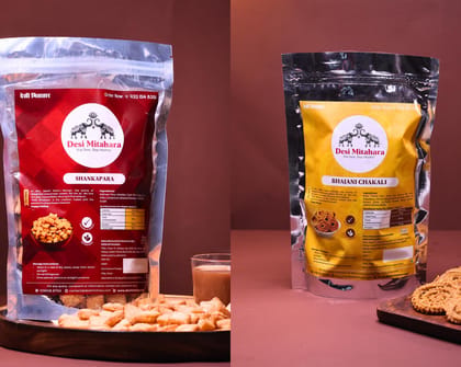 Desi Mitahara's Combo Pack Sweet & Namkeen |Bhajani Chakali & Sweet Shankarapali | 500g x 2 Pack| Traditional Indian Spiced Chakli and Sugar-Coated Shankarpara (1kg Total) Desi Mitahara's Combo Pack Sweet & Namkeen |Bhajani Chakali & Sweet Shankarapali | 500g x 2 Pack| Traditional Indian Spiced Chakli and Sugar-Coated Shankarpara (1kg Total)