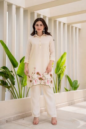 Freyaa Cream Cord Set with Elegant Floral Print-CREAM / M