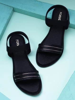 FORVELA Women Rangoli Flat Sandal-4 UK / 37 EURO / Black