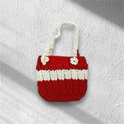 Handmade White and Red Crochet Side Bag with Patterned Design and Single Zipped Compartment 22 x 20 x 5 cm.