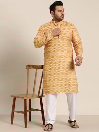 Men's Cotton Mustard Printed Kurta and White Pyjama-44