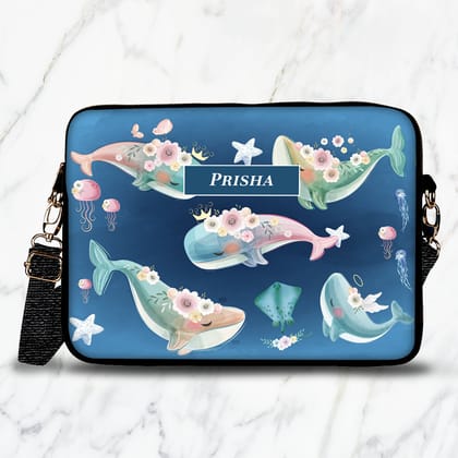 Floral Whales Kids Laptop Bag-Blue Watercolor / 15.5"