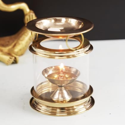 Gold Brass Aromatherapy Oil Model Akhand Diya With Glass Cover For Pooja