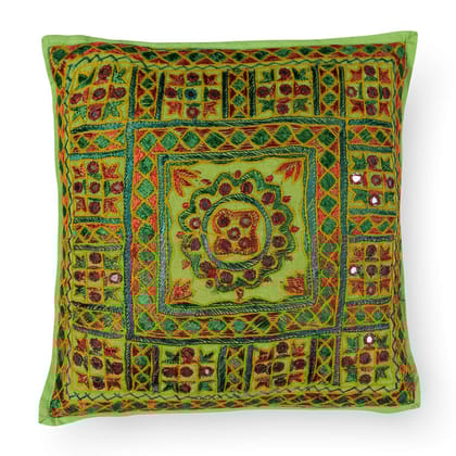 Green Cotton Mirror Embroidered Cushion Cover Pack of 1 16x16 Inches Green Cotton Mirror Embroidered Cushion Cover Pack of 1 16x16 Inches