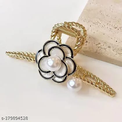 GLIMM Flower Metal Gold Hair Claw Clips with White Pearl Elegant Design Non-Slips Large Hair Clamp Clips for Women Hair Accessories Camellia Hair Barrette Ornaments set of 1