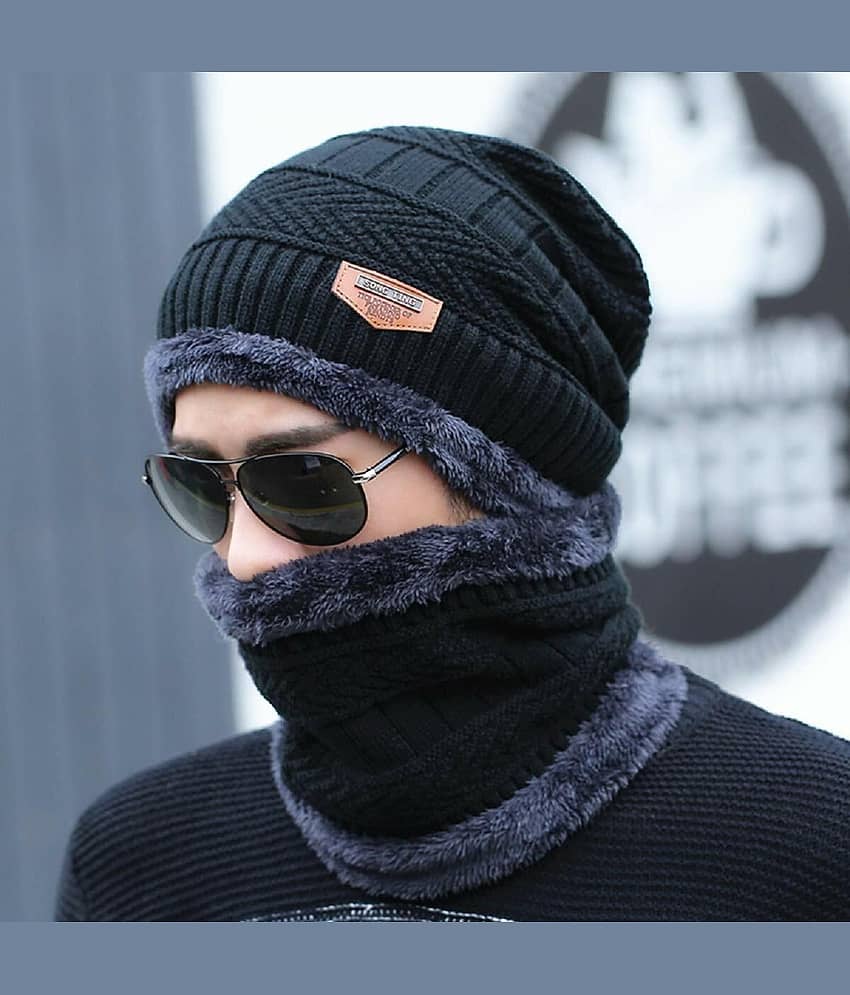 AKSMIT Black Woollen Women's Cap ( Pack of 2 )