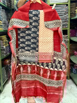 Linen Cotton Suits  Bagru Hand Block Printed Linen Suits With Zari BorderSize:-Top & Dupatta:- Linen Cotton  (2.50+2.50) mtrsBottom :-Cotton 2.50 mtrs..