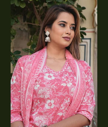 Flavia Creation Women Cotton Printed Straight Kurti With Palazzo ( Pink )