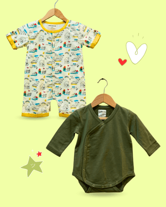 100% Cotton Printed Romper & Green Onesie for Baby Boys - 2 Piece Set-3-6 months
