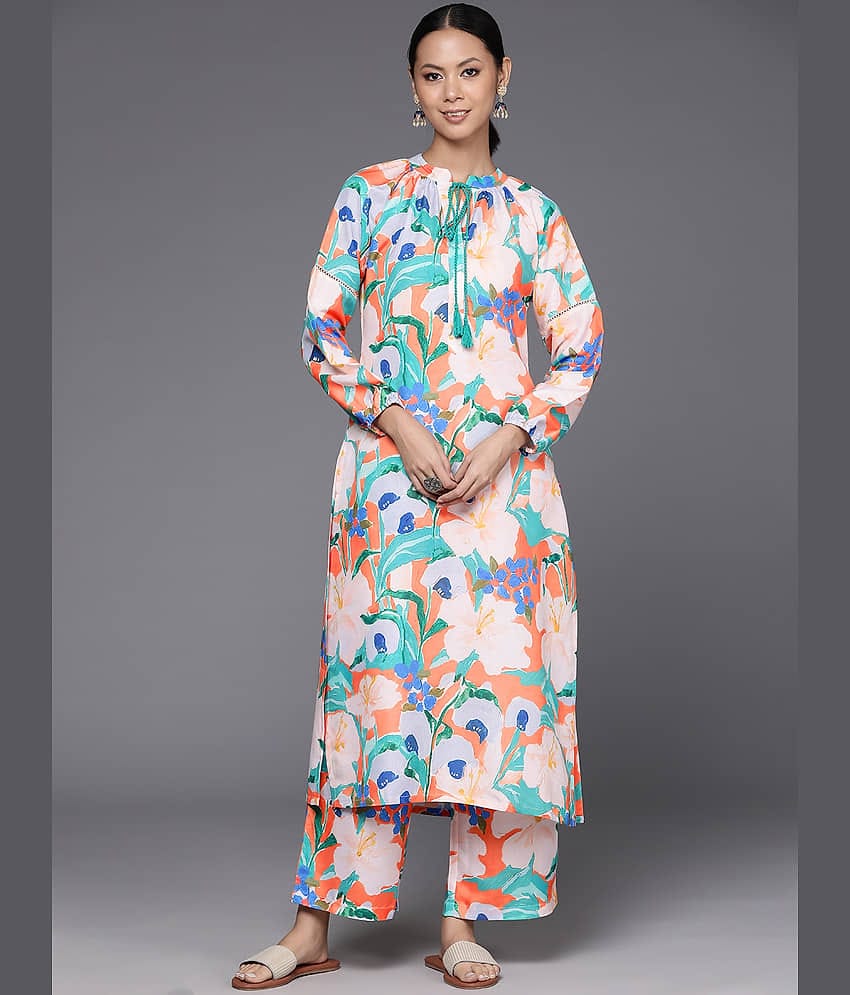 Varanga Cotton Blend Printed Kurti With Pants Women's Stitched Salwar Suit - Orange ( Pack of 1 )