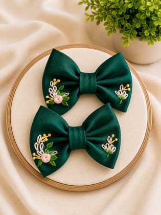 Hand Embroidered Bottle Green Hairbow Set (Pack of 2) | Floral Motif | Festive Hair Accessory Hand Embroidered Bottle Green Hairbow Set (Pack of 2) | Floral Motif | Festive Hair Accessory